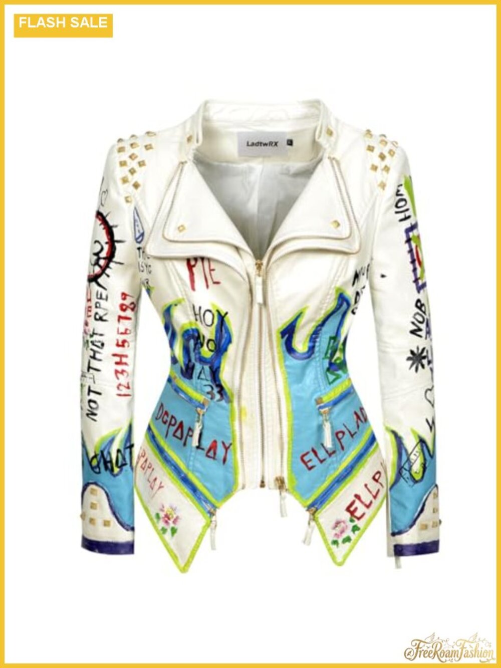 Faux Leather Graffiti Studded Moto Jacket PU Coat